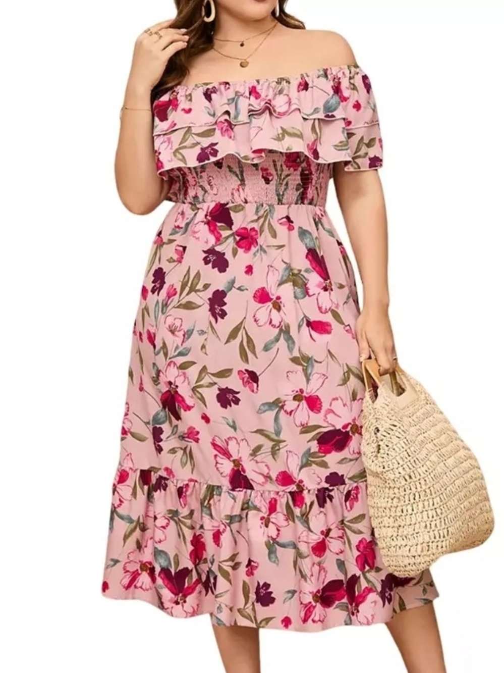 New Plus Size Mauve Off The Shoulder Maxi Fashion Floral Ruffle Dress
